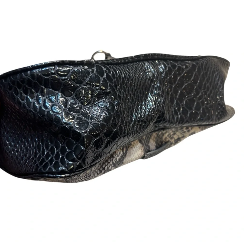 Nine & Co. Hobo Bag Black Cream Snakeskin Faux Leather Textured Silver-Tone
